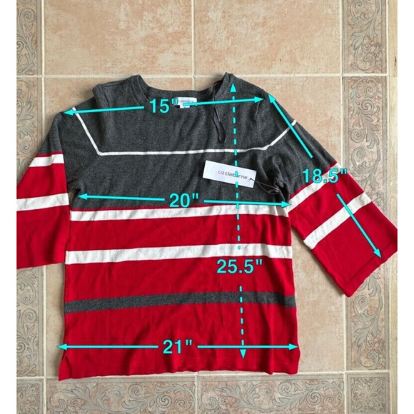 New! - Liz Claiborne Women's 3/4 Sleeve Red Gray Striped Pullover Sweater size M - Picture 3 of 7